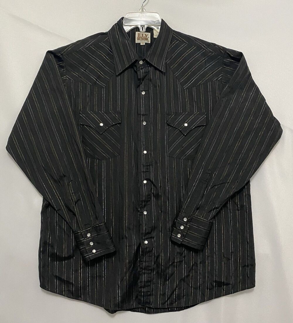 Ely Cattleman Shirt Mens 2XL Black Gold Pinstripe Western Pearl Snap Long Sleeve